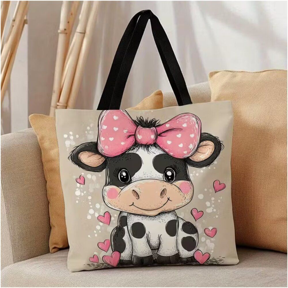 Baby Cow Tote Irresistibly Cute Illustration Surrounded by Sweet Pink Hearts